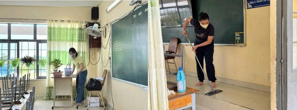 Công tác tổng vệ sinh khử khuẩn tại trường THCS Hai Bà Trưng, xã Hiệp Phước ngày 17/10. Ảnh: Huy Cường.
