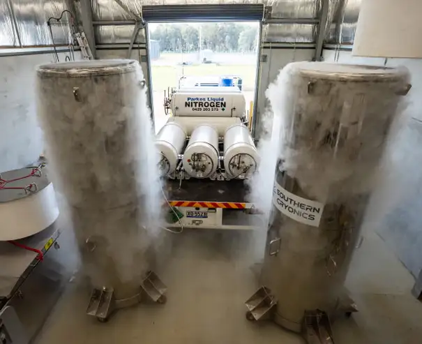Hai bình Dewar cao lớn được sử dụng để bảo quản thi thể tại cơ sở Southern Cryonics. Ảnh: The Guardian