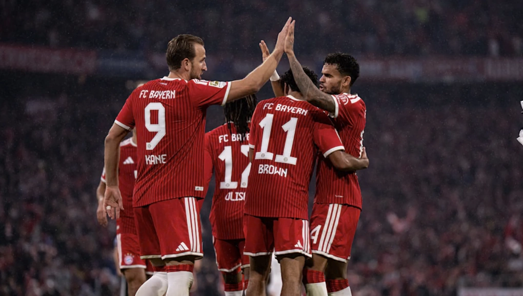 Harry Kane chia vui với các đồng đội trong trận Bayern RB Leipzig 6-1 ở vòng sáu Bundesliga trên sân Allianz, Munich, Đức ngày 17/10/2026. Ảnh: FC Bayern
