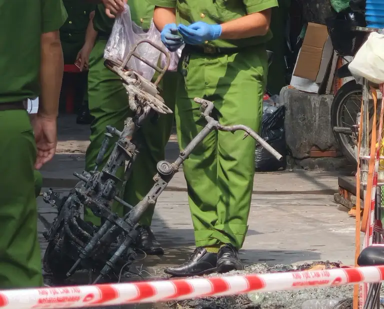 Nhiều xe máy bị cháy trơ khung được đưa ra từ tầng trệt ngôi nhà xảy ra hoả hoạn. Ảnh: Đình Văn