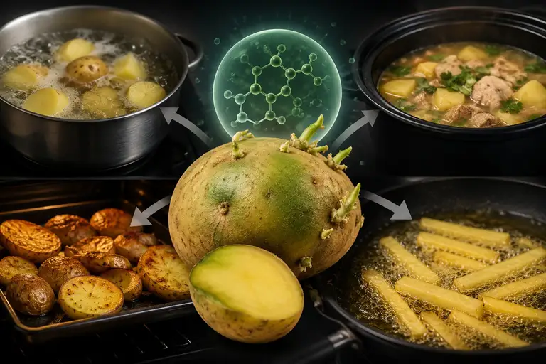 Độc tố solanine rất bền vững, phương pháp luộc, ninh canh, nướng hay chiên rán thông thường không thể loại bỏ hay làm biến mất chất độc