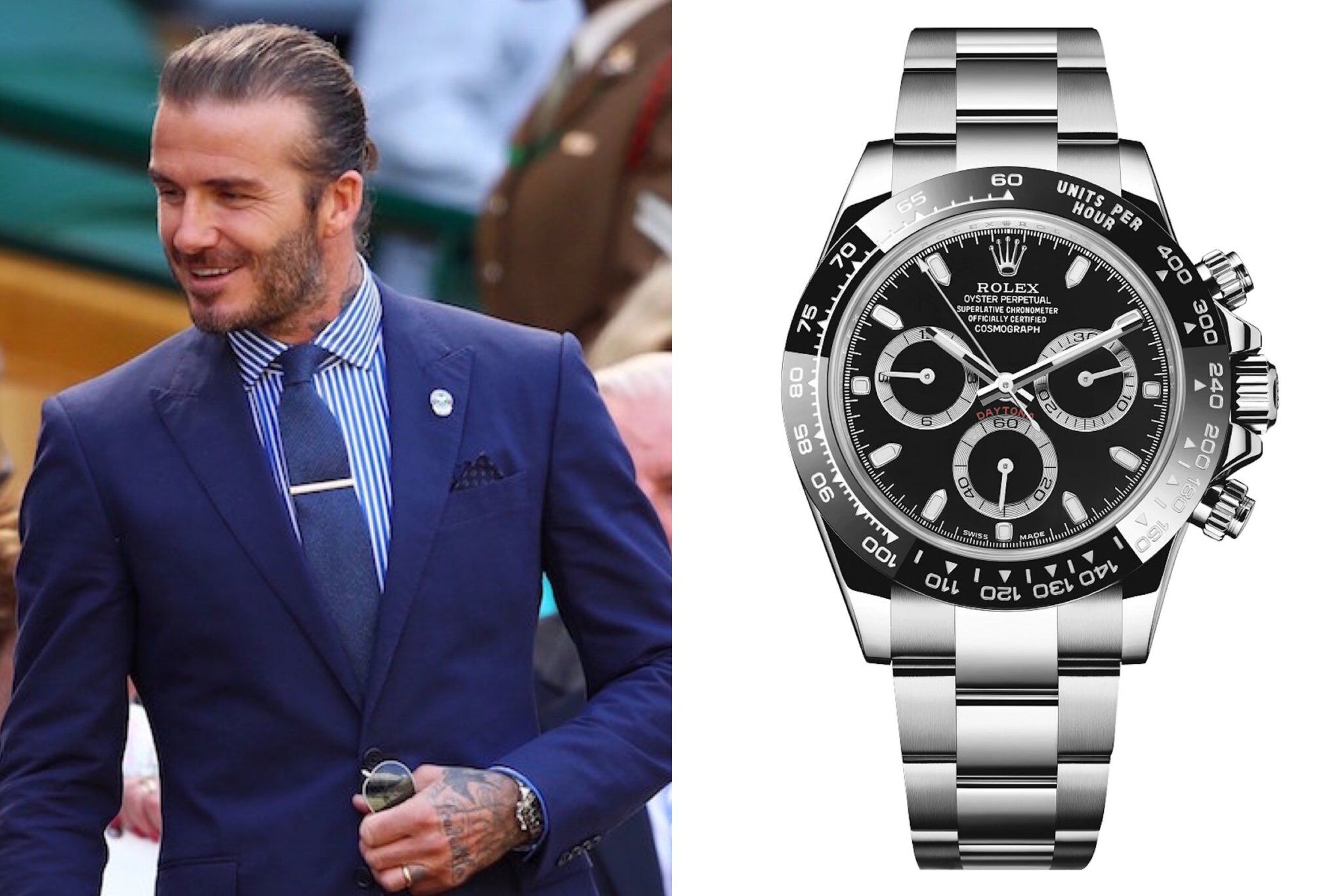 David Beckham cũng thường đeo Rolex Daytona 116500 bằng thép không gỉ. Mặt số đen kết hợp vành bezel bằng gốm tạo nên diện mạo thanh lịch, hiện đại. Đây cũng là một trong những mẫu đồng hồ anh yêu thích khi tham dự các sự kiện như Wimbledon - Ảnh: WireImage