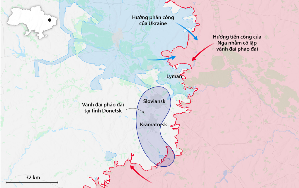 Hướng phản công của Ukraine ở Lyman nhằm giải vây cho vành đai pháo đài tại tỉnh Donetsk. Đồ họa: Telegraph