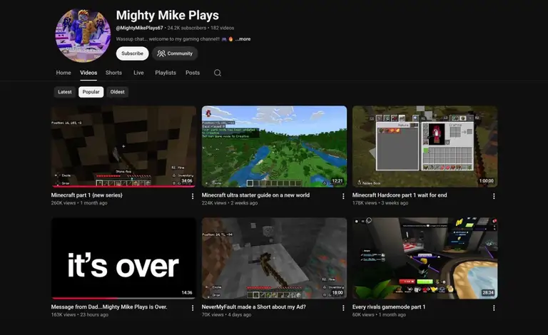 Kênh Mighty Mike Plays của cậu bé 9 tuổi sở hữu hơn 24.000 người đăng ký, với một số video Minecraft đạt hàng trăm nghìn lượt xem nhờ quảng cáo trả phí. Ảnh: YouTube / Mighty Mike Plays