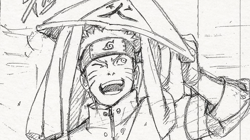 Một khung truyện tranh Naruto đội mũ Hokage trong Naruto: Shadow Rising.