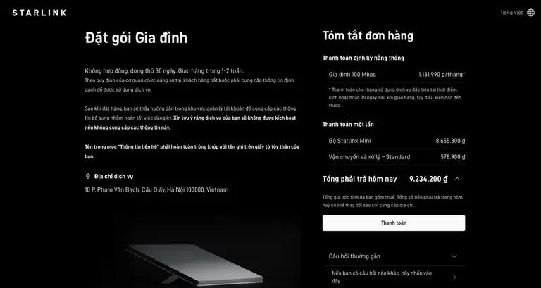 Website đặt hàng Starlink, sáng 13/8. Ảnh: Chụp màn hình
