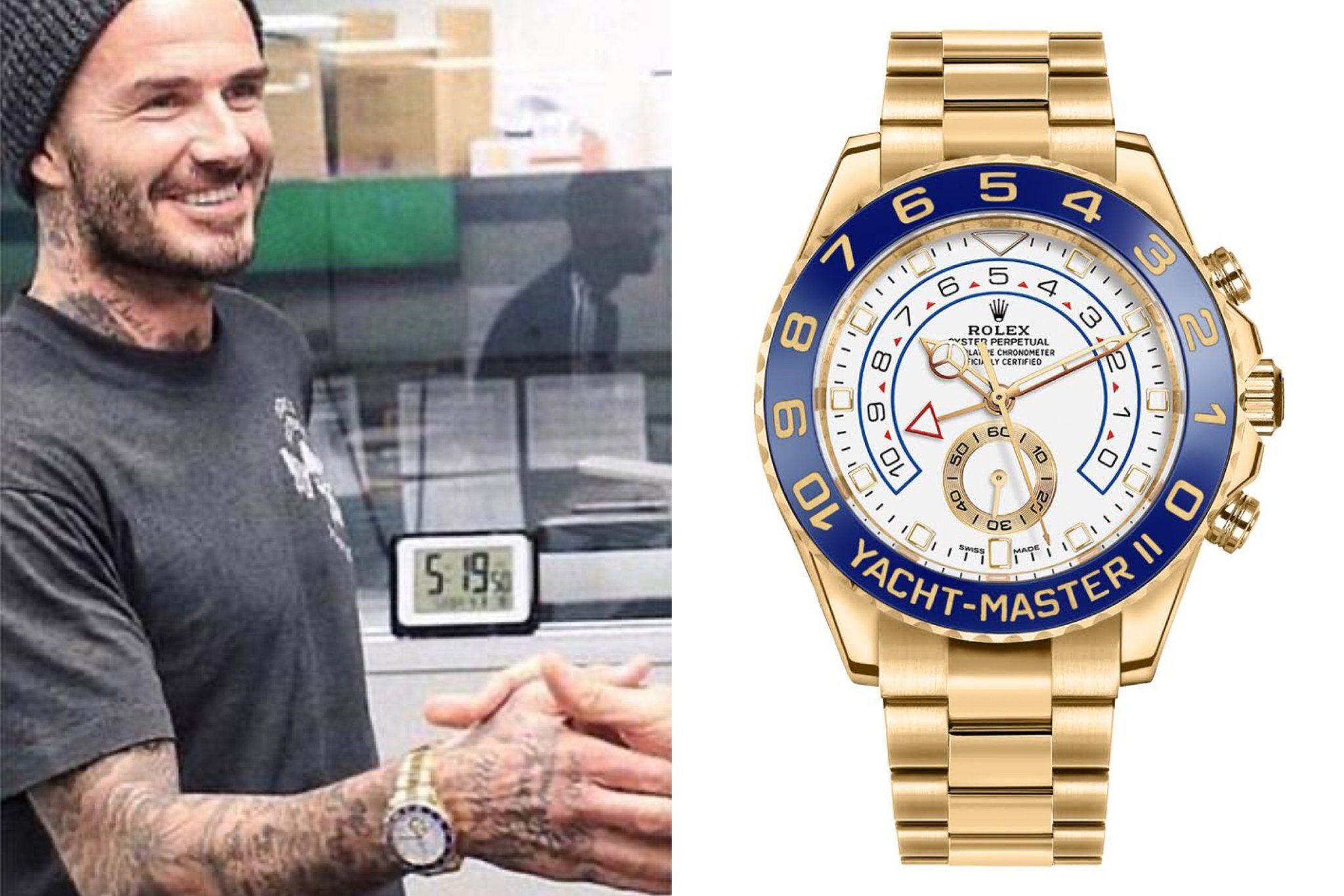 Với những dịp muốn tạo dấu ấn nổi bật hơn, David Beckham lựa chọn mẫu Rolex Yacht-Master II bằng vàng vàng. Đồng hồ trang bị chức năng đếm ngược, mang đến điểm nhấn màu sắc táo bạo cho bộ sưu tập - Ảnh: WWD