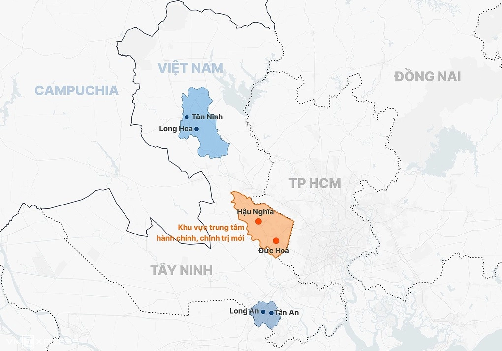 Ba trung tâm phát triển của tỉnh Tây Ninh sau sáp nhập. Đồ họa: Hoàng Khánh