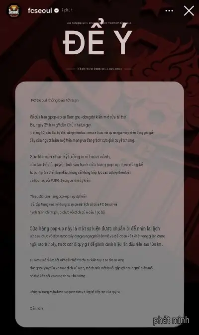 Thông báo của FC Seoul (Bản dịch tạm thời từ Google)