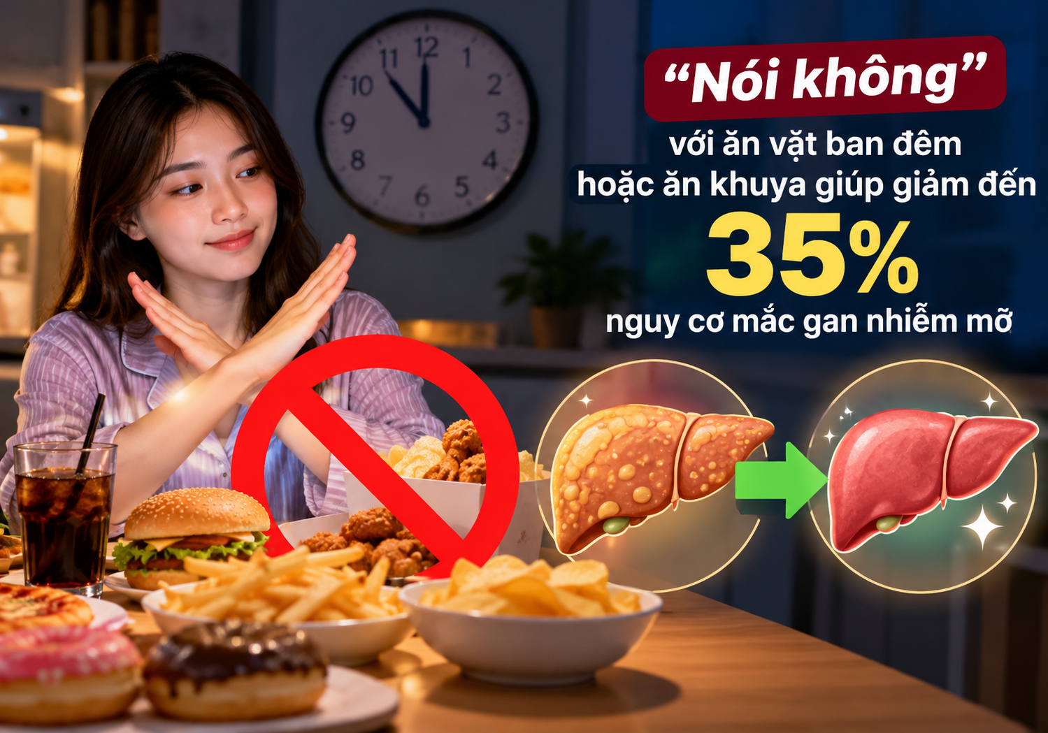 Thói quen “nói không” với ăn vặt vào ban đêm hoặc ăn khuya giúp giảm đến 35% nguy cơ mắc gan nhiễm mỡ