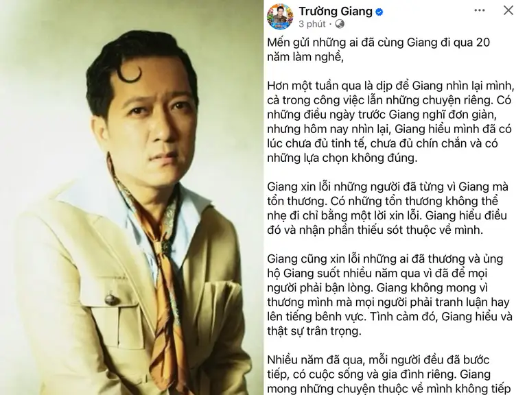 Dòng trạng thái của diễn viên Trường Giang được đăng tải trên Fanpage