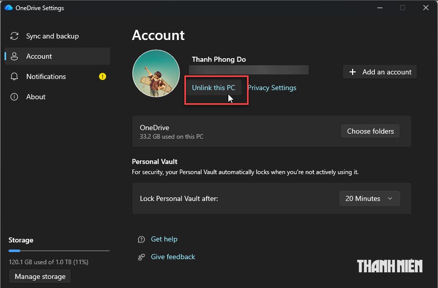 Hủy liên kết tài khoản OneDrive trên Windows