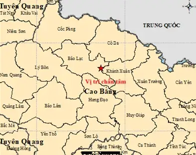 Bản đồ chấn tâm trận động đất ở xã Bảo Lạc, tỉnh Cao Bằng chiều 3-8 - Ảnh: Viện Các khoa học Trái đất