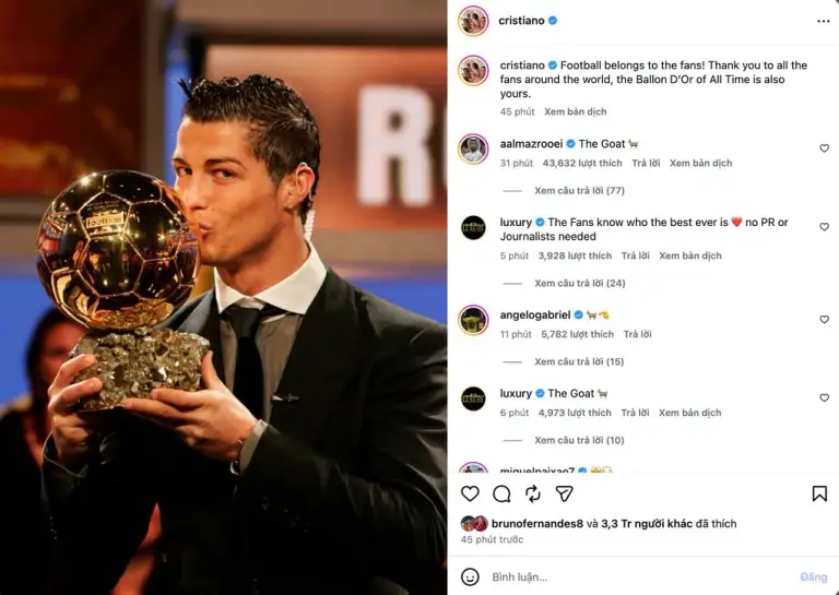 Ronaldo cảm ơn người hâm mộ về giải thưởng Quả Bóng Vàng hay nhất lịch sử. Ảnh: IG/Cristiano
