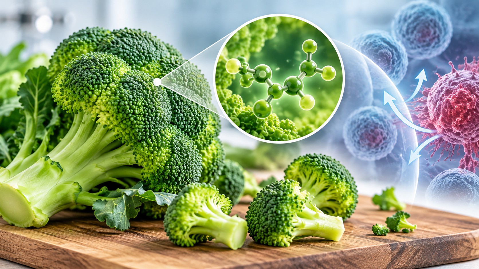 Sulforaphane được tạo ra từ các tiền chất trong bông cải xanh, đang được nghiên cứu về các tác động tiềm năng liên quan đến ung thư