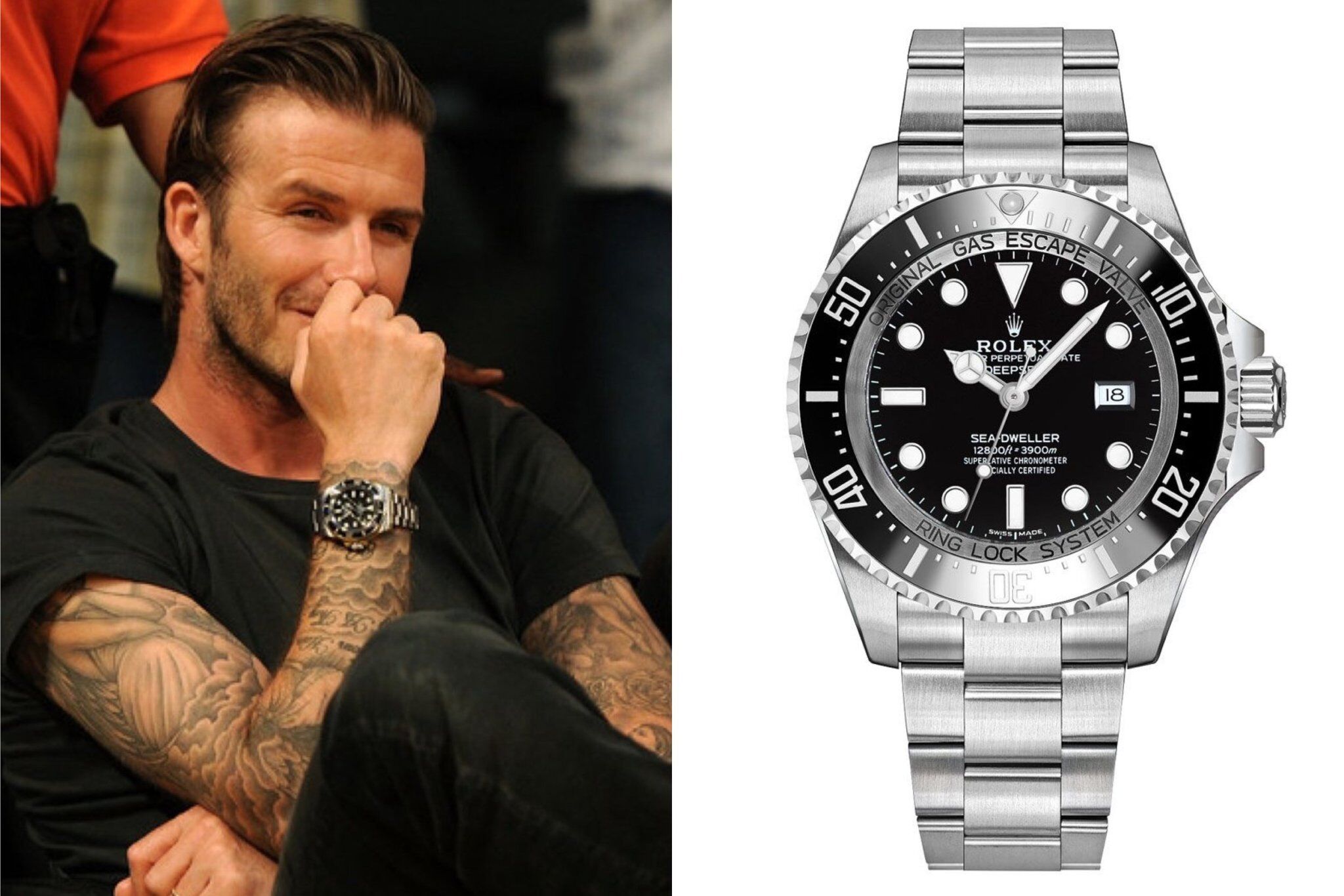 Mẫu Rolex được David Beckham thường xuyên lựa chọn là Deepsea Sea-Dweller. Sở hữu kết cấu chắc chắn cùng vành bezel bằng gốm, đồng hồ chịu được áp suất cực lớn ở độ sâu lên đến 3.900m - Ảnh: GQ