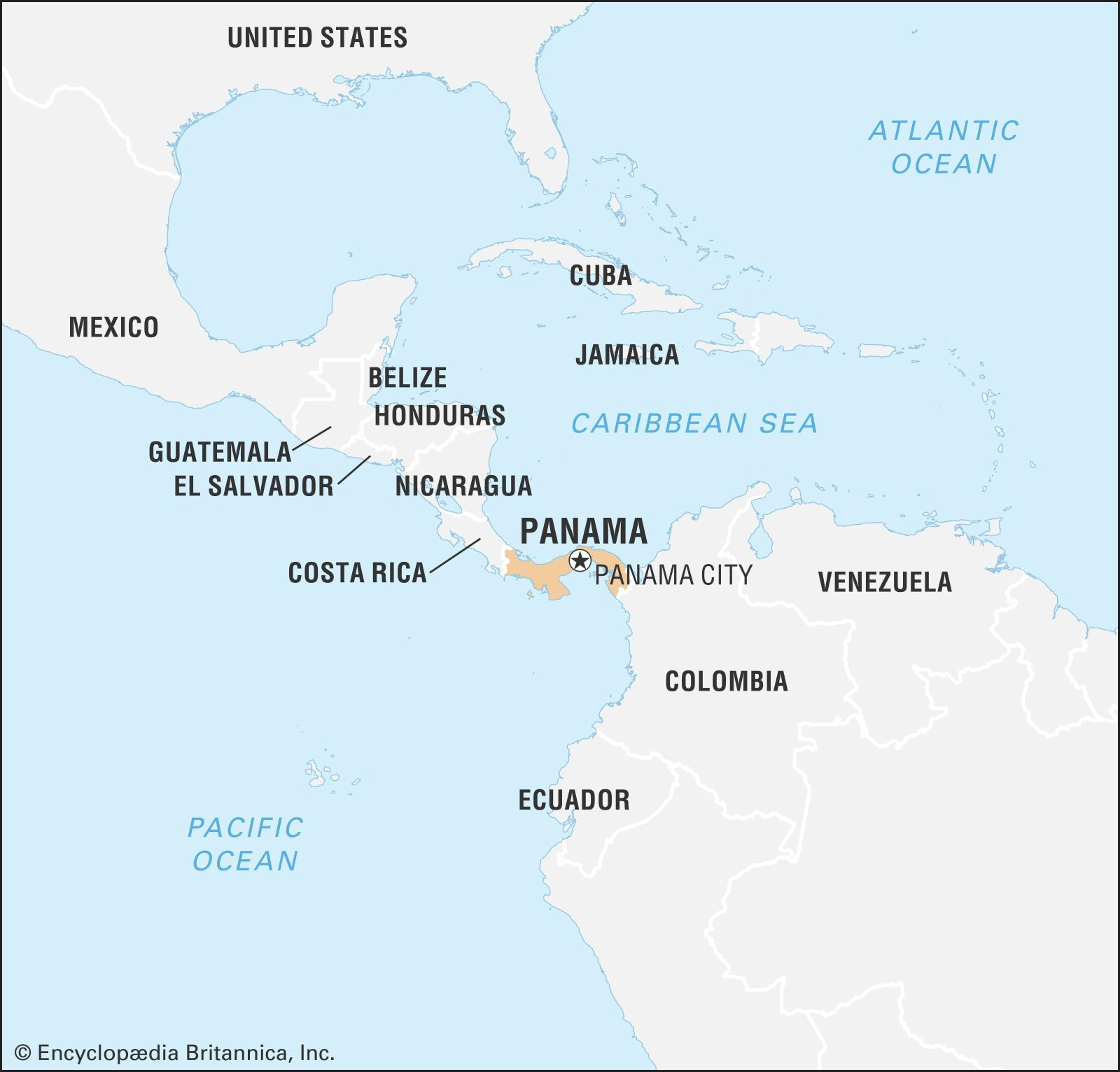 Panama nằm trên dải đất hẹp nối Bắc Mỹ và Nam Mỹ, với một bên giáp biển Caribê thuộc Đại Tây Dương và một bên hướng ra Thái Bình Dương - Ảnh: BRITANNICA