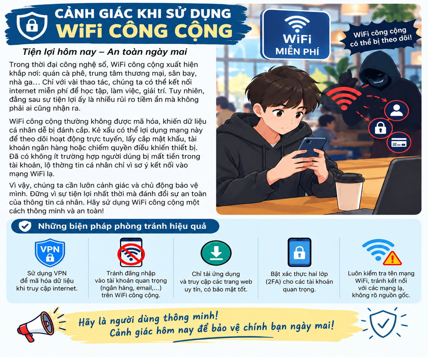 Theo Cơ quan công an, WiFi miễn phí không đồng nghĩa với kết nối an toàn. Người dùng nên kiểm tra kỹ tên WiFi, ưu tiên kết nối uy tín và hạn chế truy cập các tài khoản quan trọng khi sử dụng WiFi công cộng. (Ảnh: Trang thông tin điện tử Công an tỉnh Cà Mau)