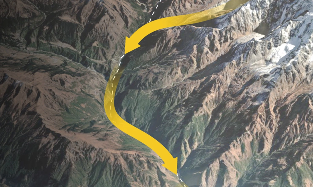 Đường đi của lũ quét như sóng thần ở biên giới Nepal - Trung Quốc. Bấm vào ảnh để xem đầy đủ