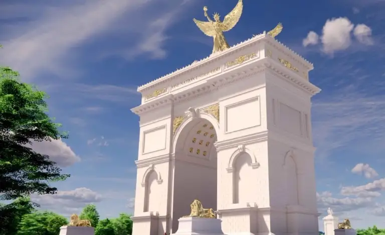 Thiết kế khải hoàn môn tại Washington với tượng vàng Nữ thần Tự do đặt trên đỉnh. Ảnh: CFA