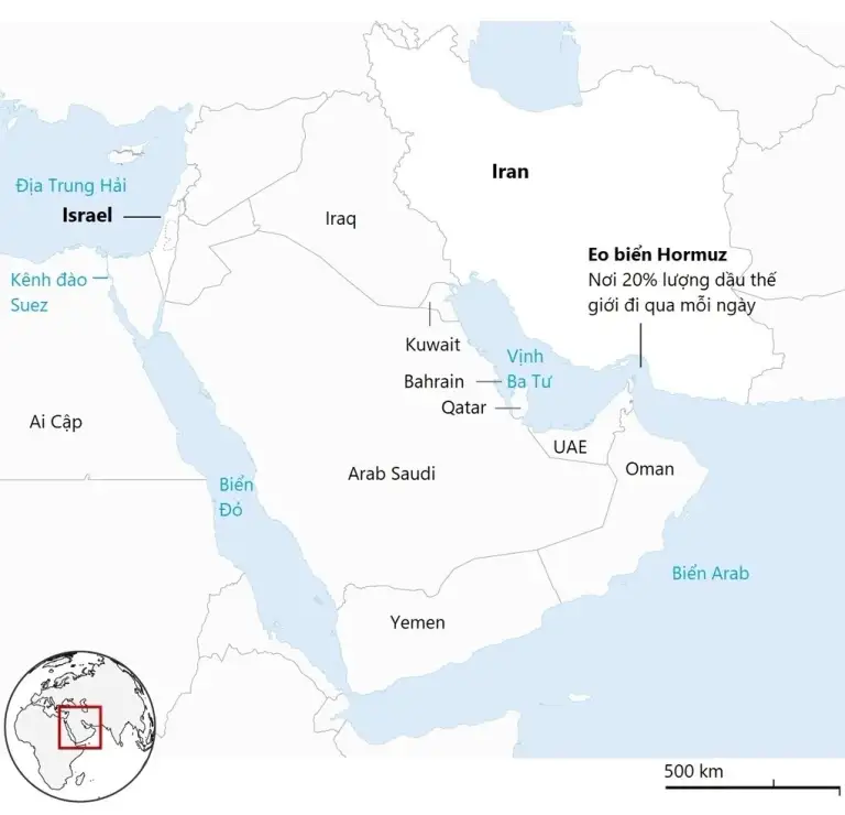 Vị trí Israel và các nước trong khu vực. Đồ họa: Guardian